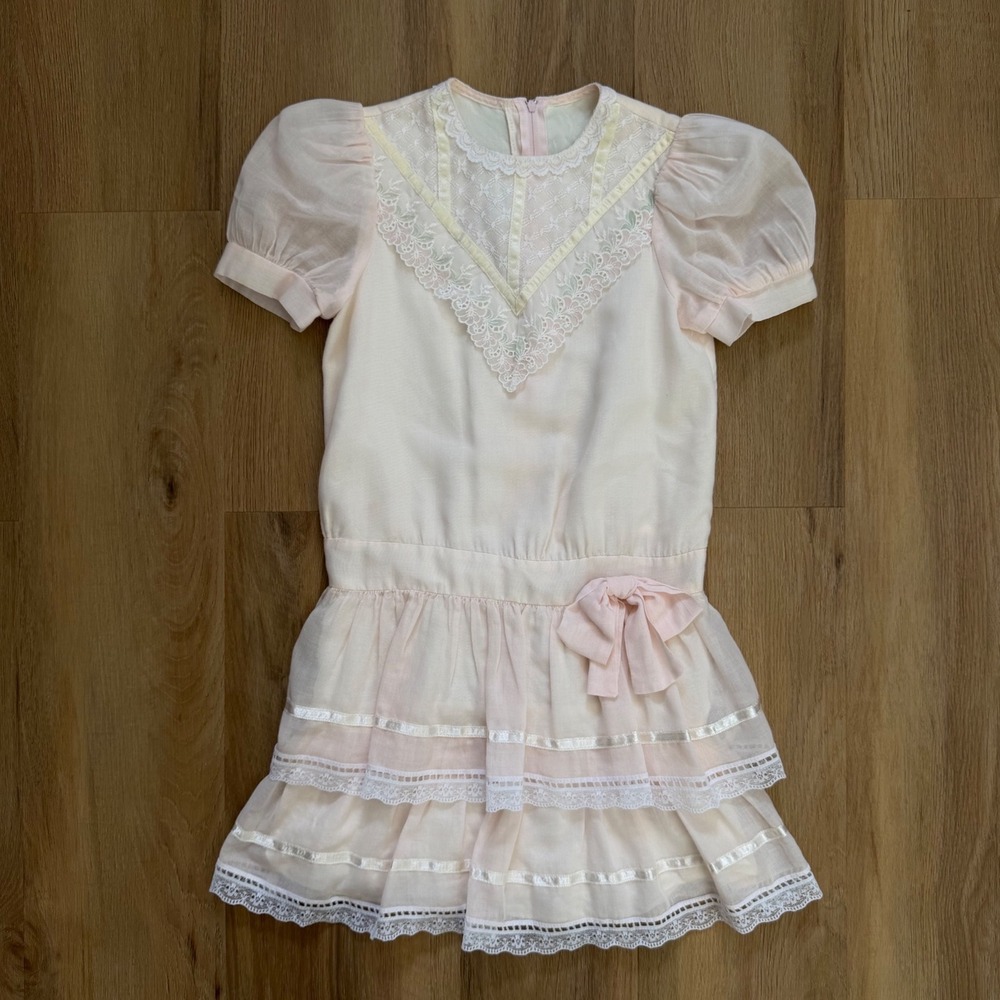 Vintage Gunne Sax Girls 6X Pink Prairie Cottage Dress Lace cottage pinafore